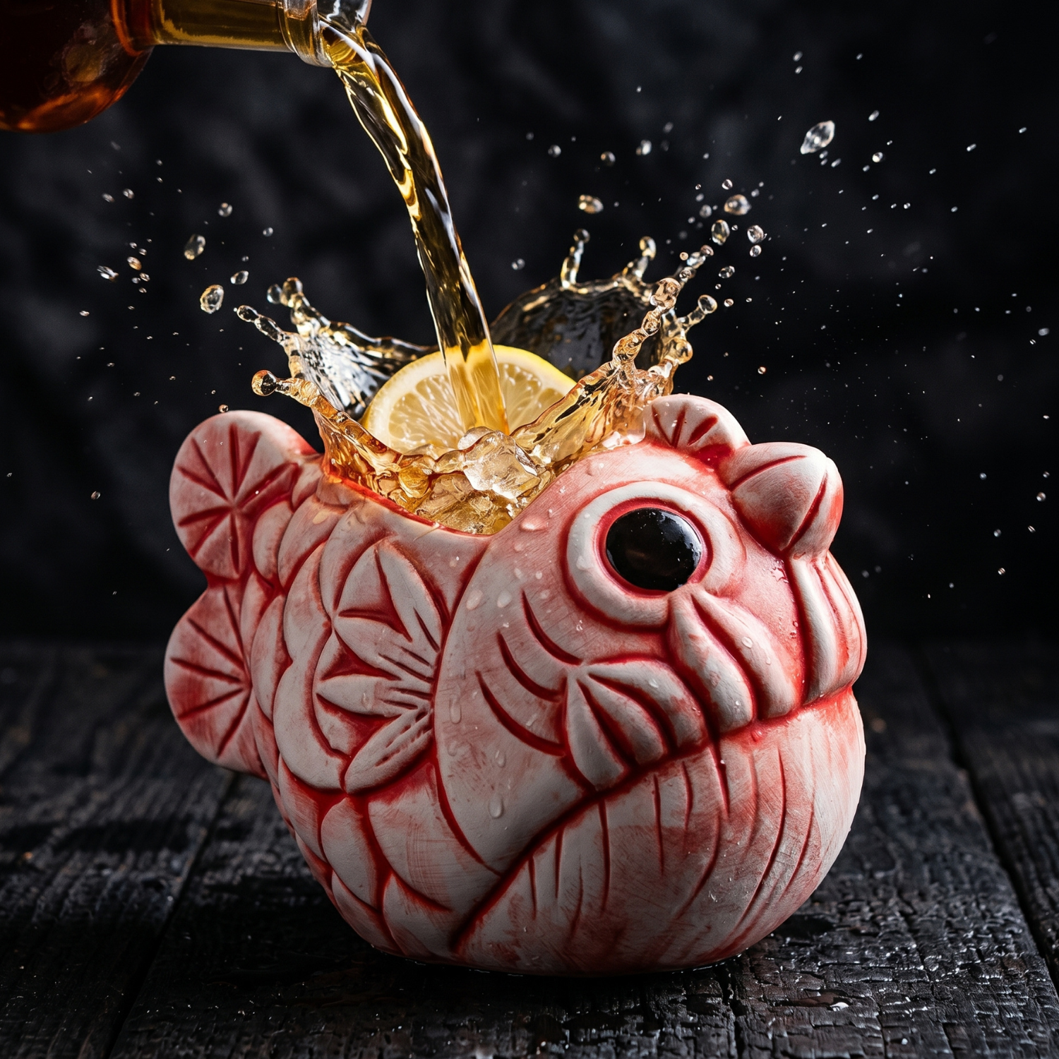 Red-and-white fish tiki mug with drink being poured into the rim