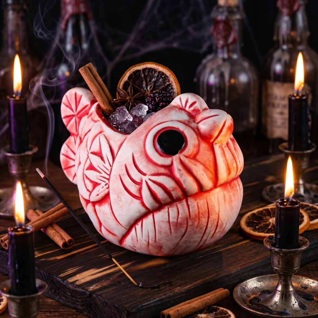 Red-and-white ceramic fish tiki mug with ice and cinnamon stick