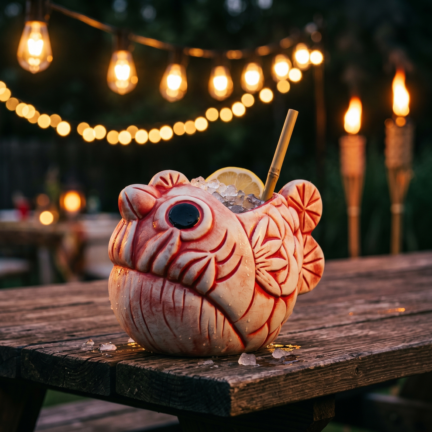 Red-and-white fish tiki mug with lime wedge and cocktail straw