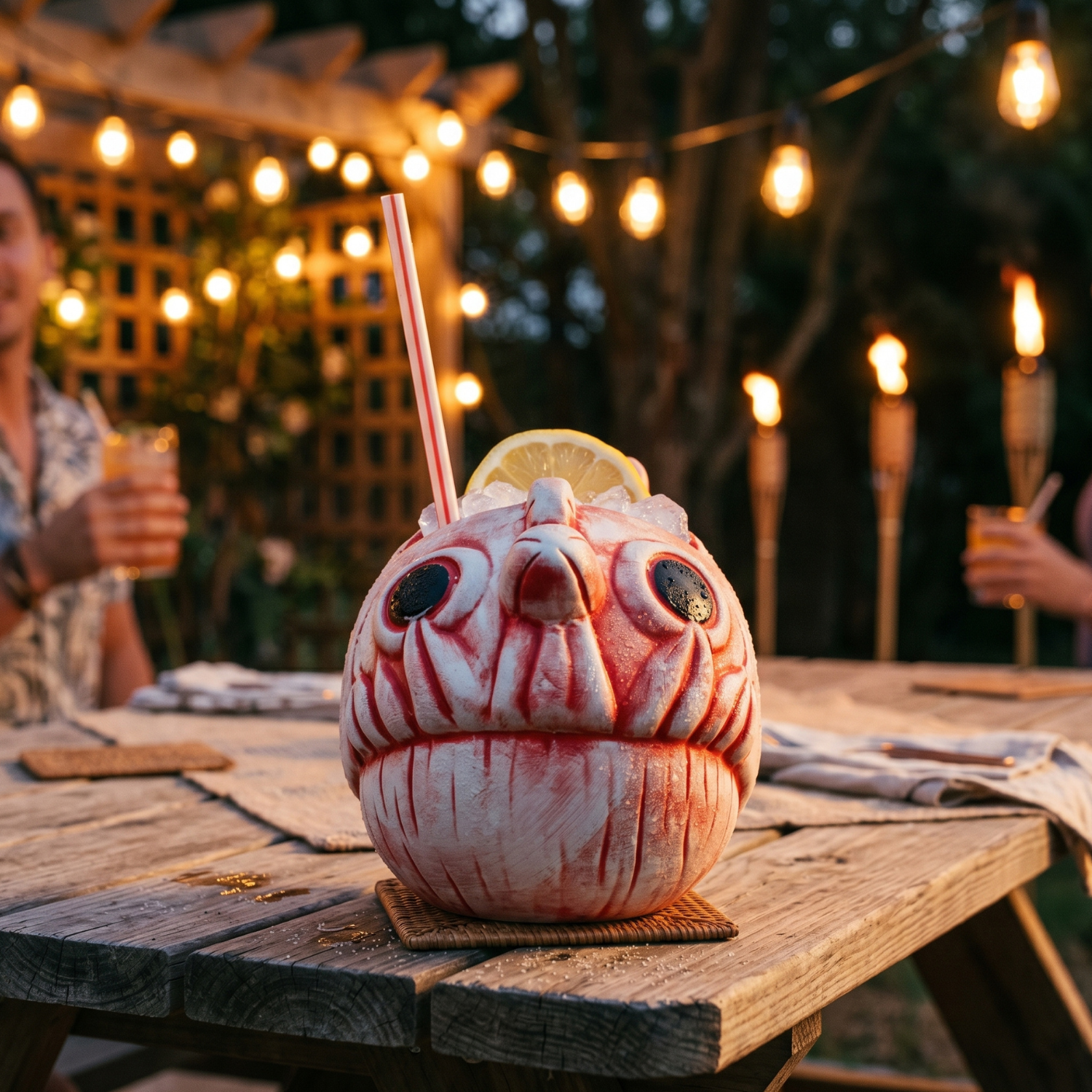 Red-and-white fish tiki mug with cocktail straw and citrus garnish