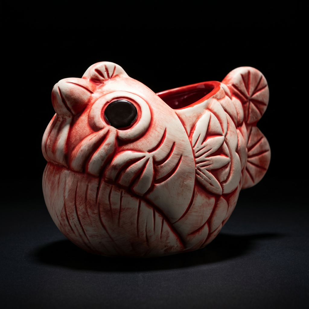 Red-and-white ceramic fish tiki mug with carved face and open eye