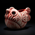 Red-and-white ceramic fish tiki mug with carved face and open eye