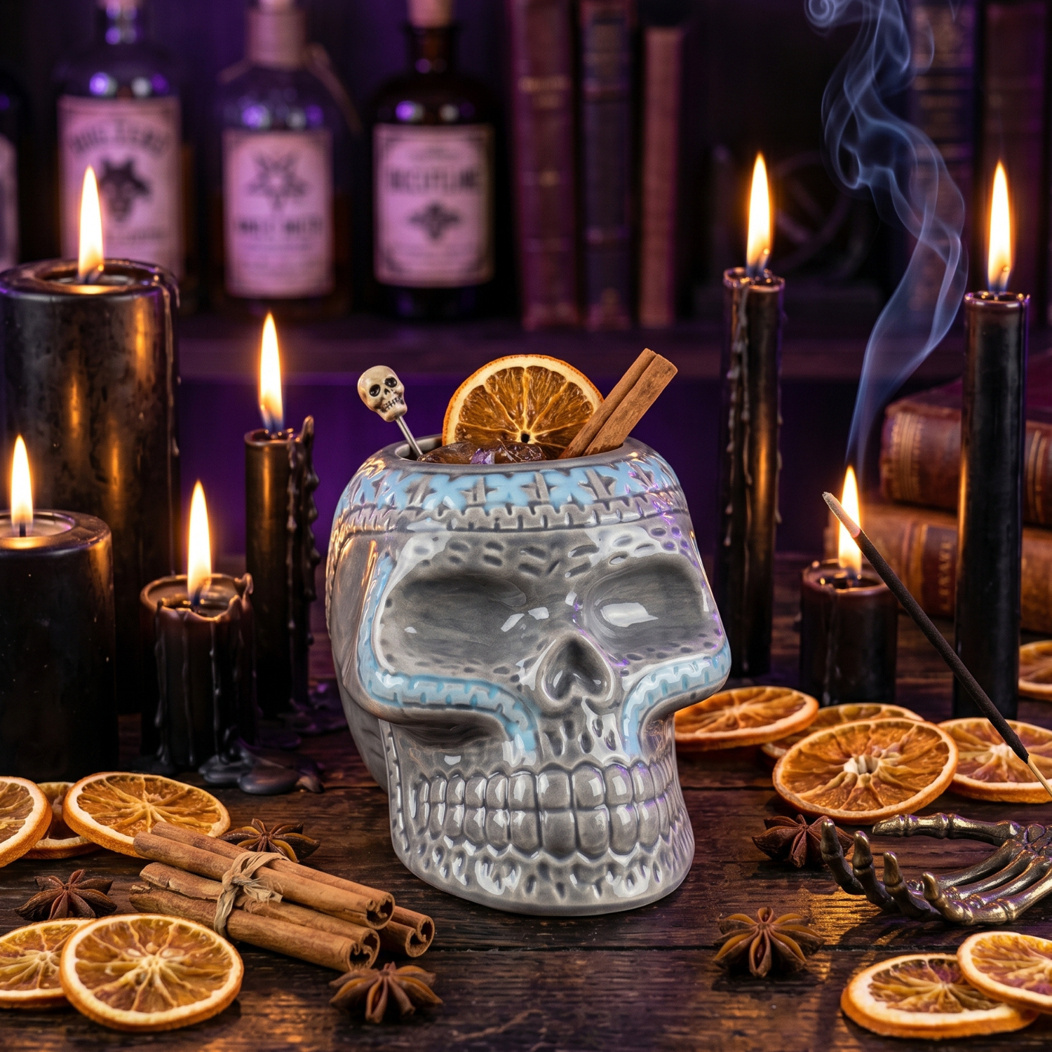 Gray pirate skull tiki mug with ice, orange slices and cinnamon stick