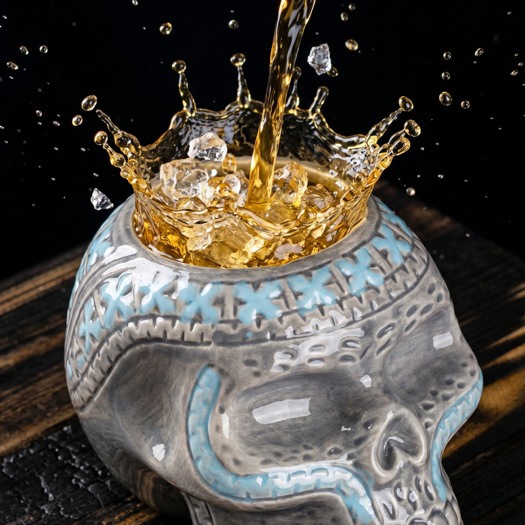 Gray pirate skull tiki mug close-up with golden drink splash and ice