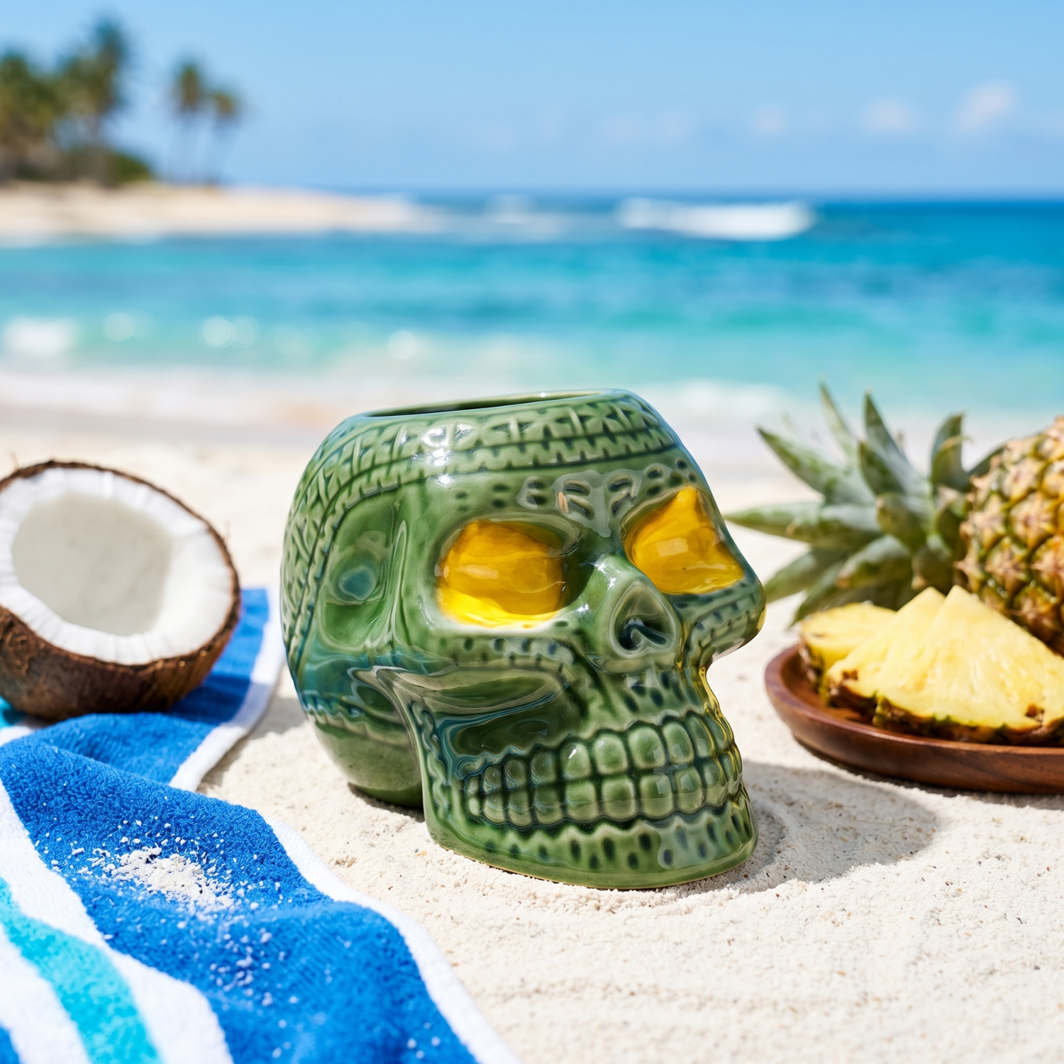 Green pirate skull tiki mug, ceramic cocktail cup with bright yellow eyes