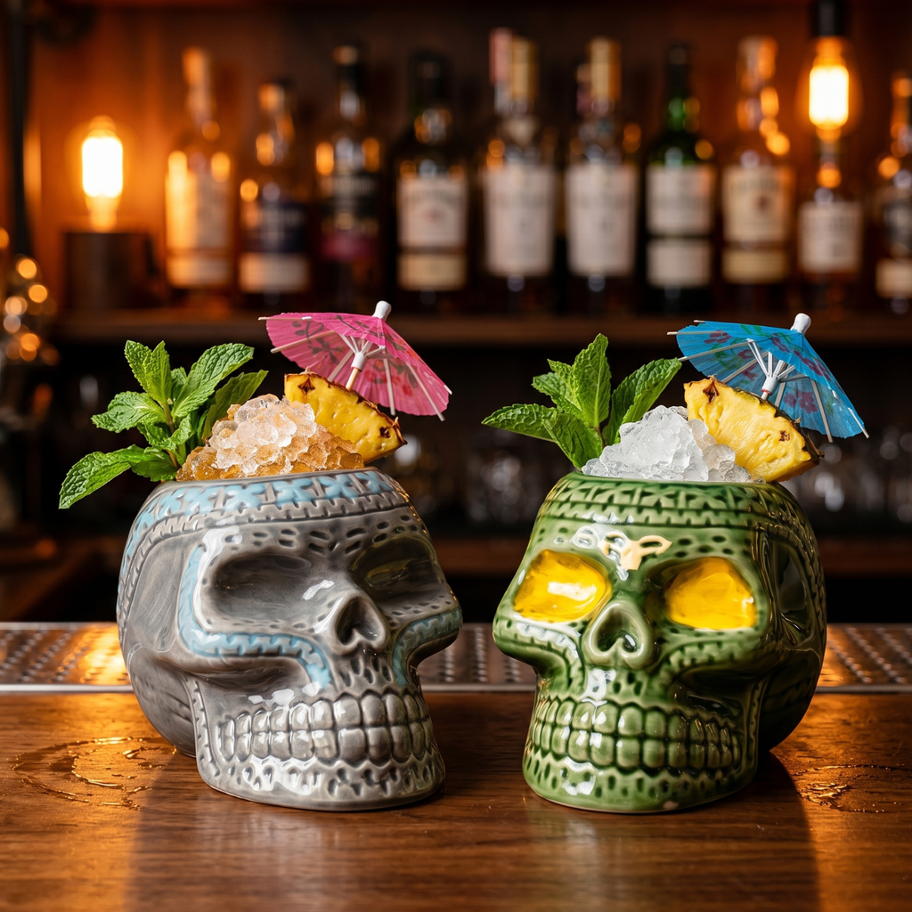 Gray and green pirate skull tiki mugs with ice, umbrella garnish and fruit