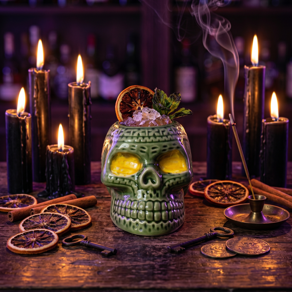 Green pirate skull tiki mug with ice and citrus garnish on top