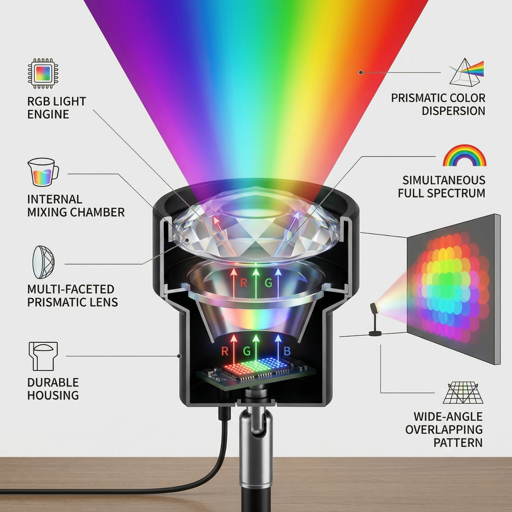 Diagram of a light projector with RGB light engine and prismatic color dispersion