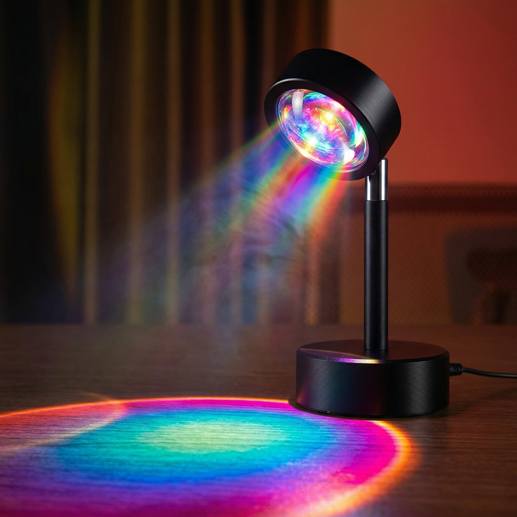Black LED lamp projecting colorful light patterns on a dark surface