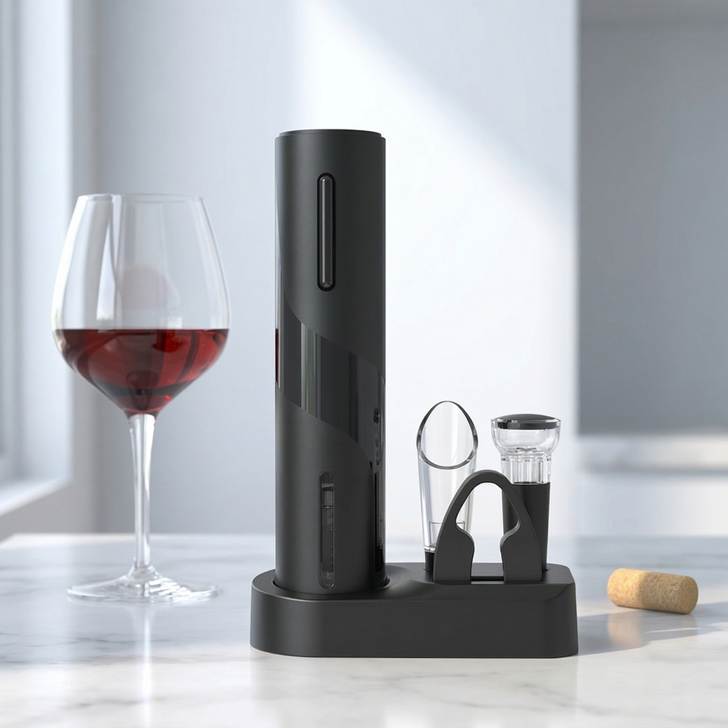 Black wine opener set with a glass of red wine on a marble surface.