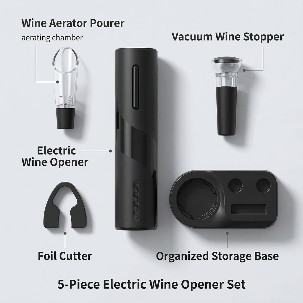 5-piece electric wine opener set with labeled components on a light gray background