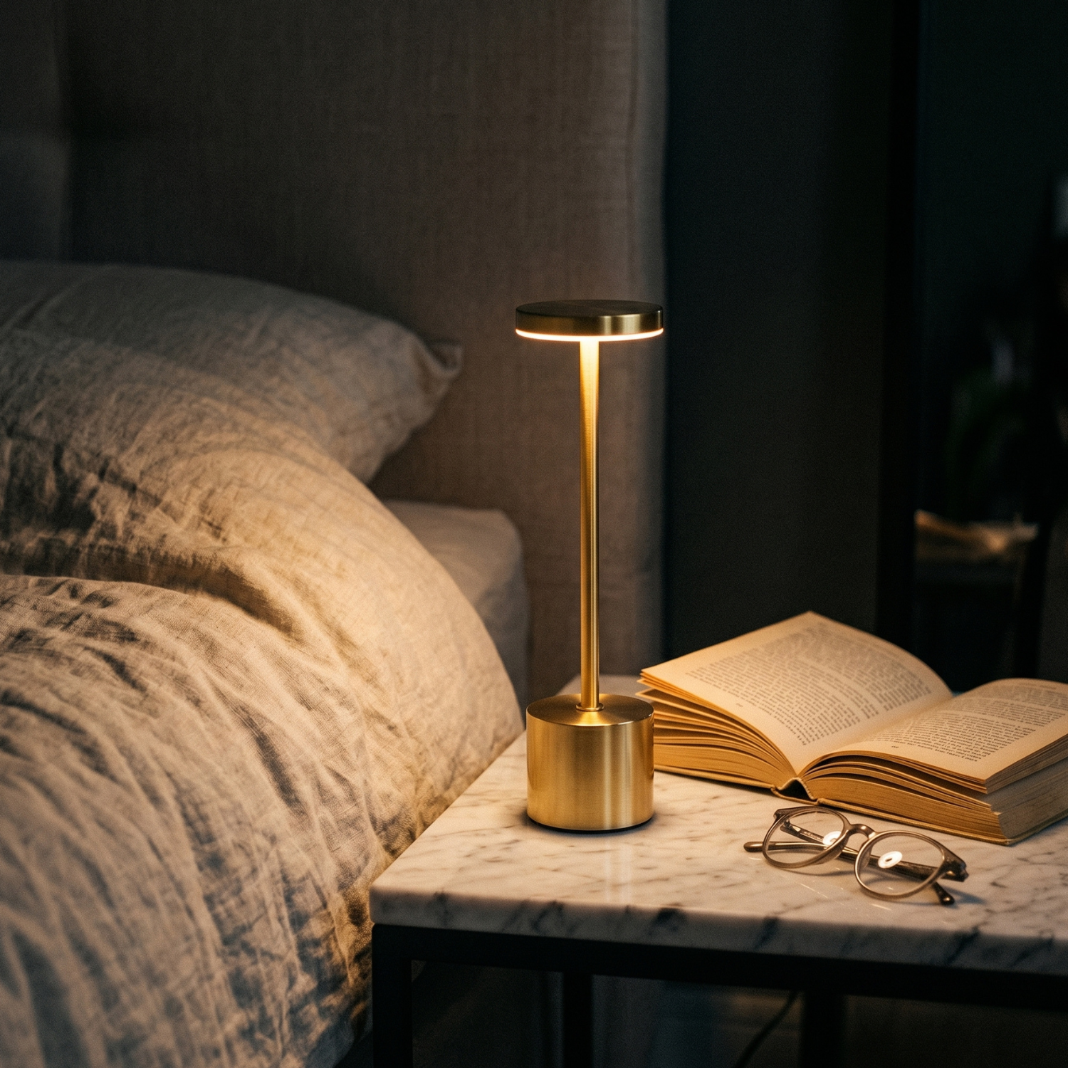 Rechargeable LED table lamp on bedside table with warm glow, gold finish base.