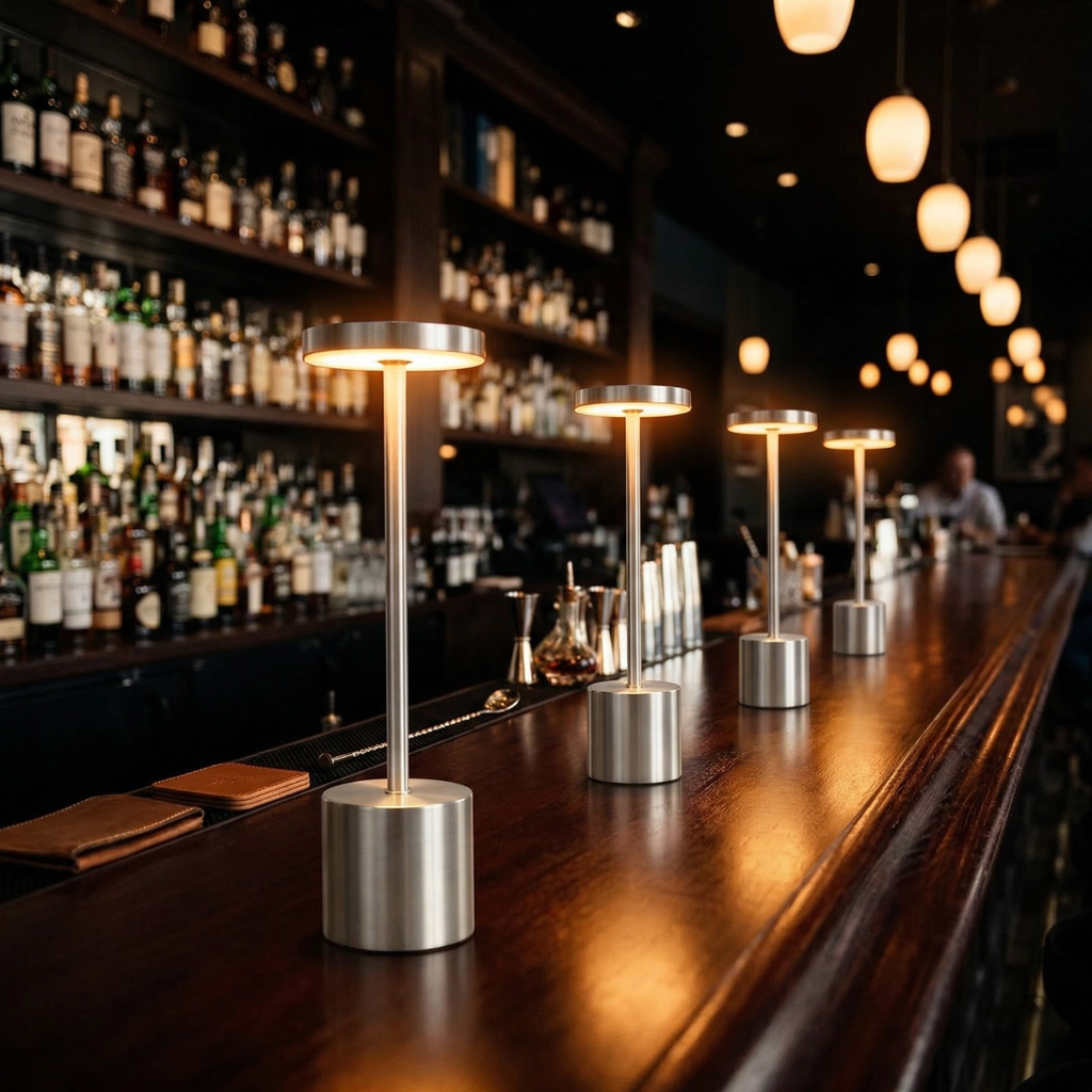 Multiple rechargeable LED table lamps on bar counter with warm glow, silver finish.