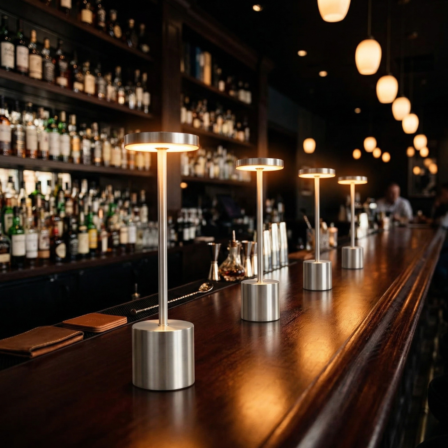 Multiple rechargeable LED table lamps on bar counter with warm glow, silver finish.