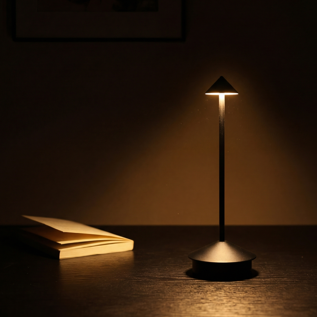 Small lamp casting light on an open book in a dimly lit room