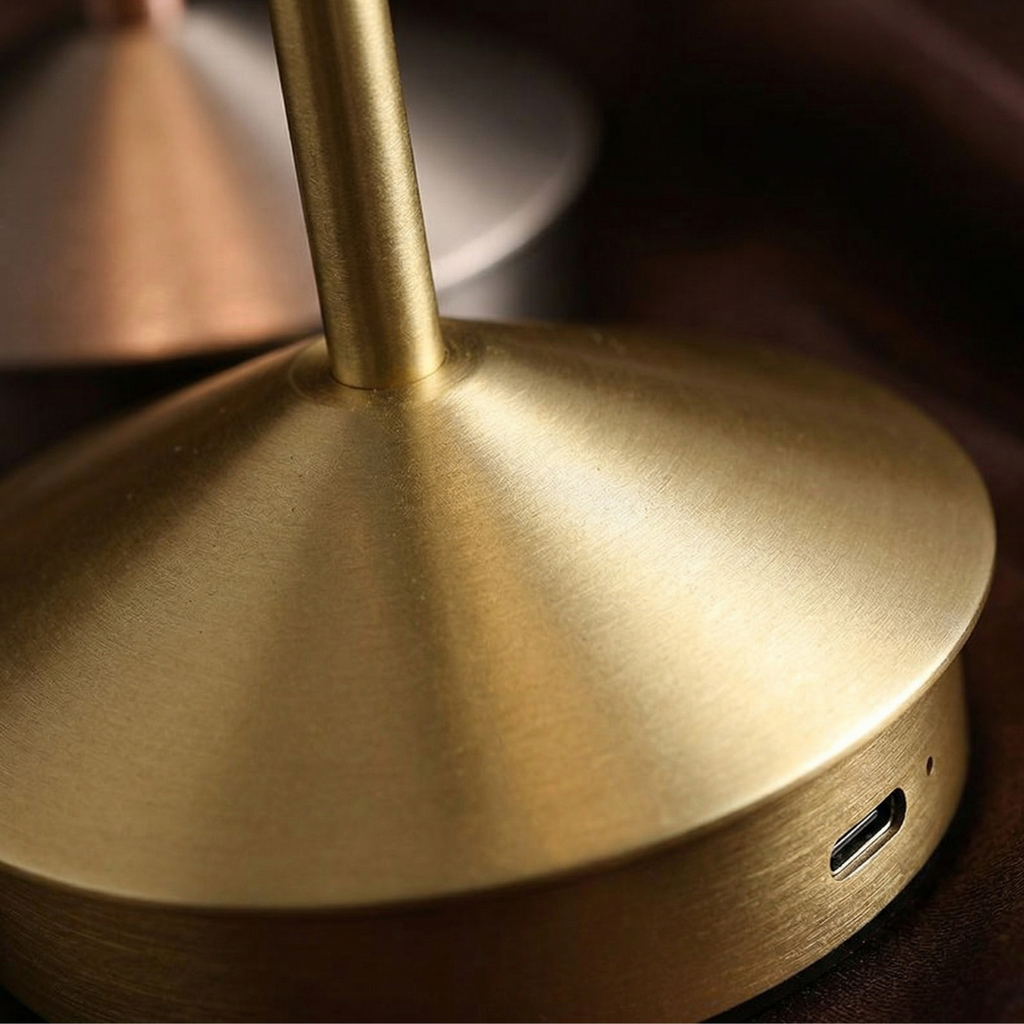 Close-up of a gold lamp with a USB port on a dark background