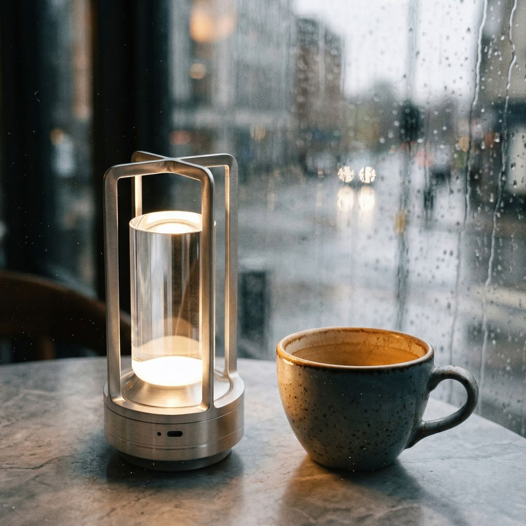 Silver rechargeable LED lantern table lamp on tabletop with clear glass light chamber