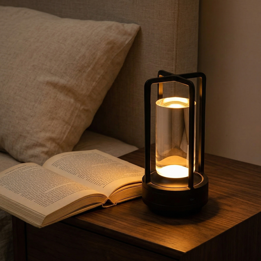 Black rechargeable LED lantern table lamp with clear glass sides and glowing base
