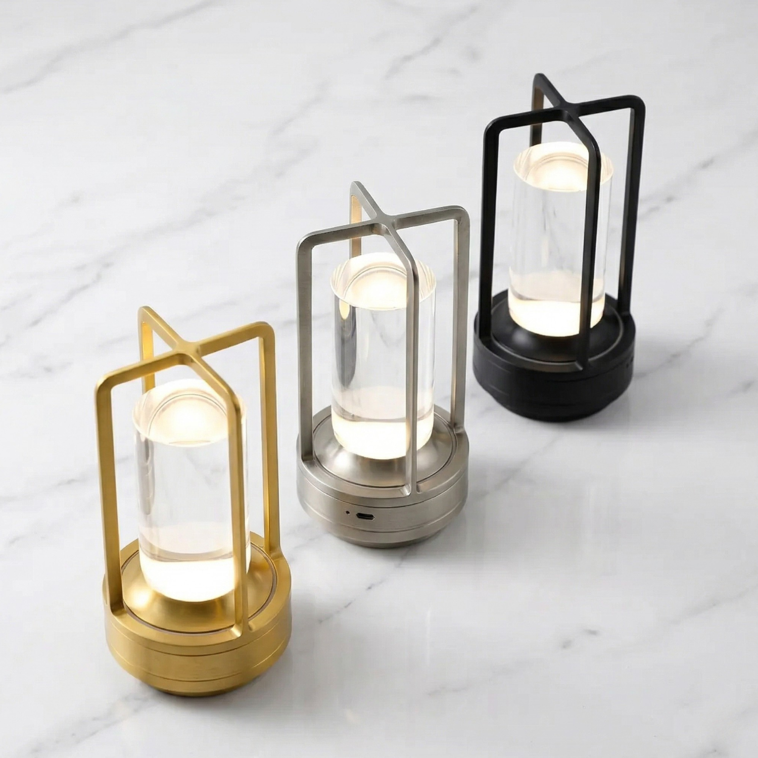 Rechargeable LED Lantern Table Lamp | 3-Color Dimming Touch Control | Aluminum Cordless Night Light for Home Bar Restaurant
