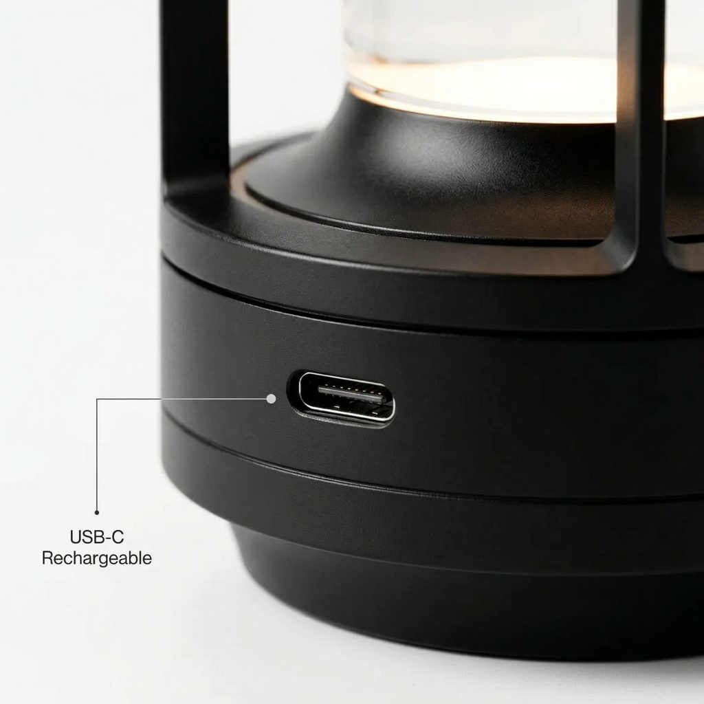 Black rechargeable lantern base showing USB-C charging port