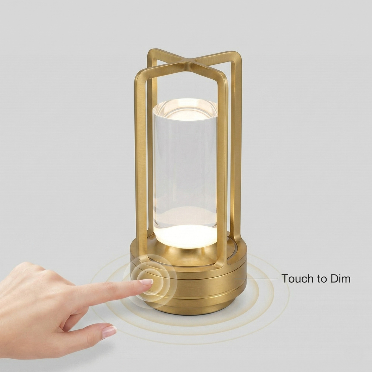 Gold rechargeable LED lantern table lamp with touch dim control on the base