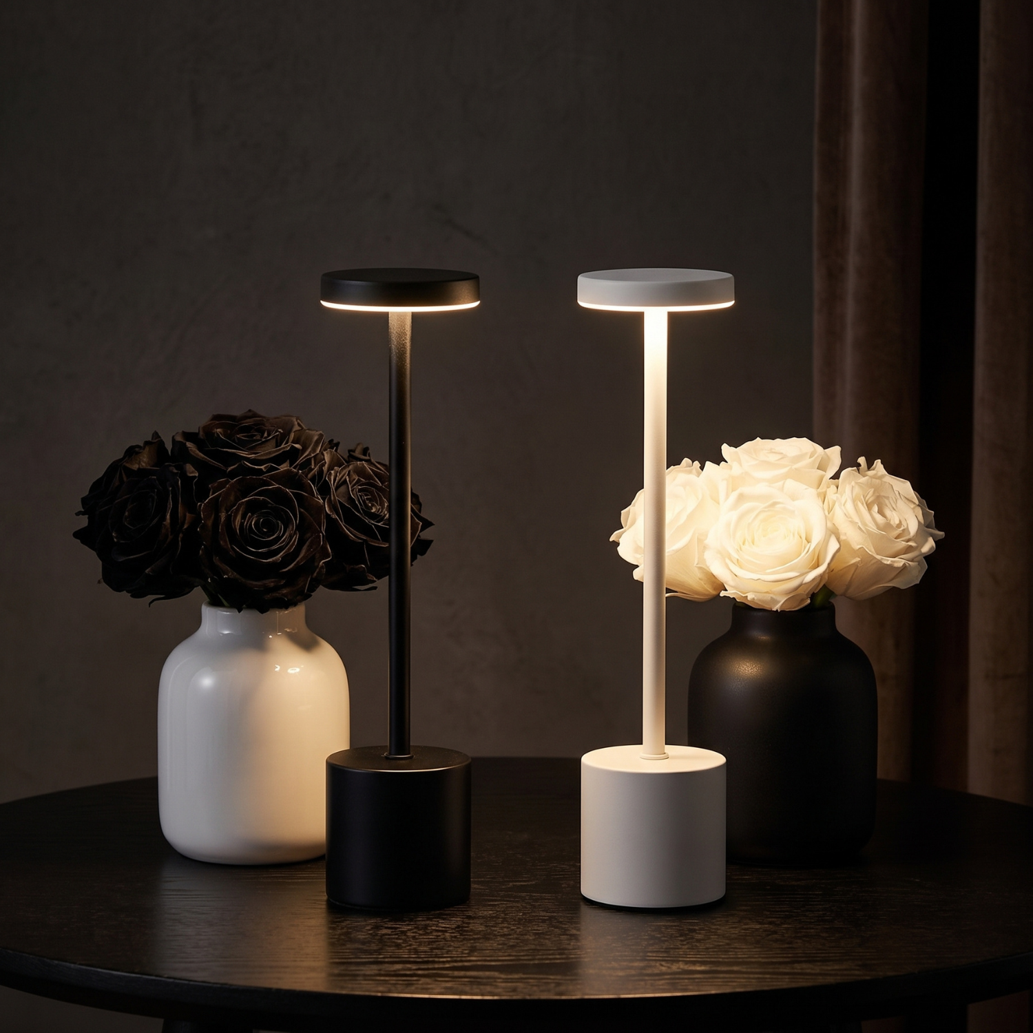 Rechargeable LED table lamps, black and white finishes, on round table