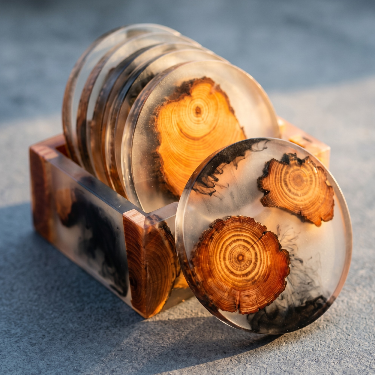 Round resin wood coaster—clear top with orange pine slices and dark resin marbling