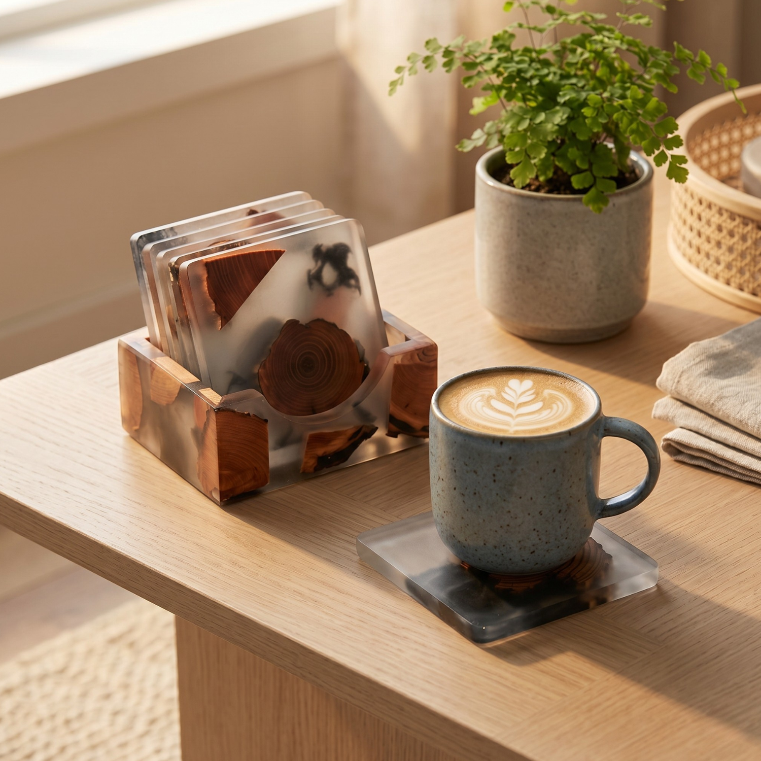 Resin & pine wood coaster set, square—clear epoxy with orange wood slice and black swirls