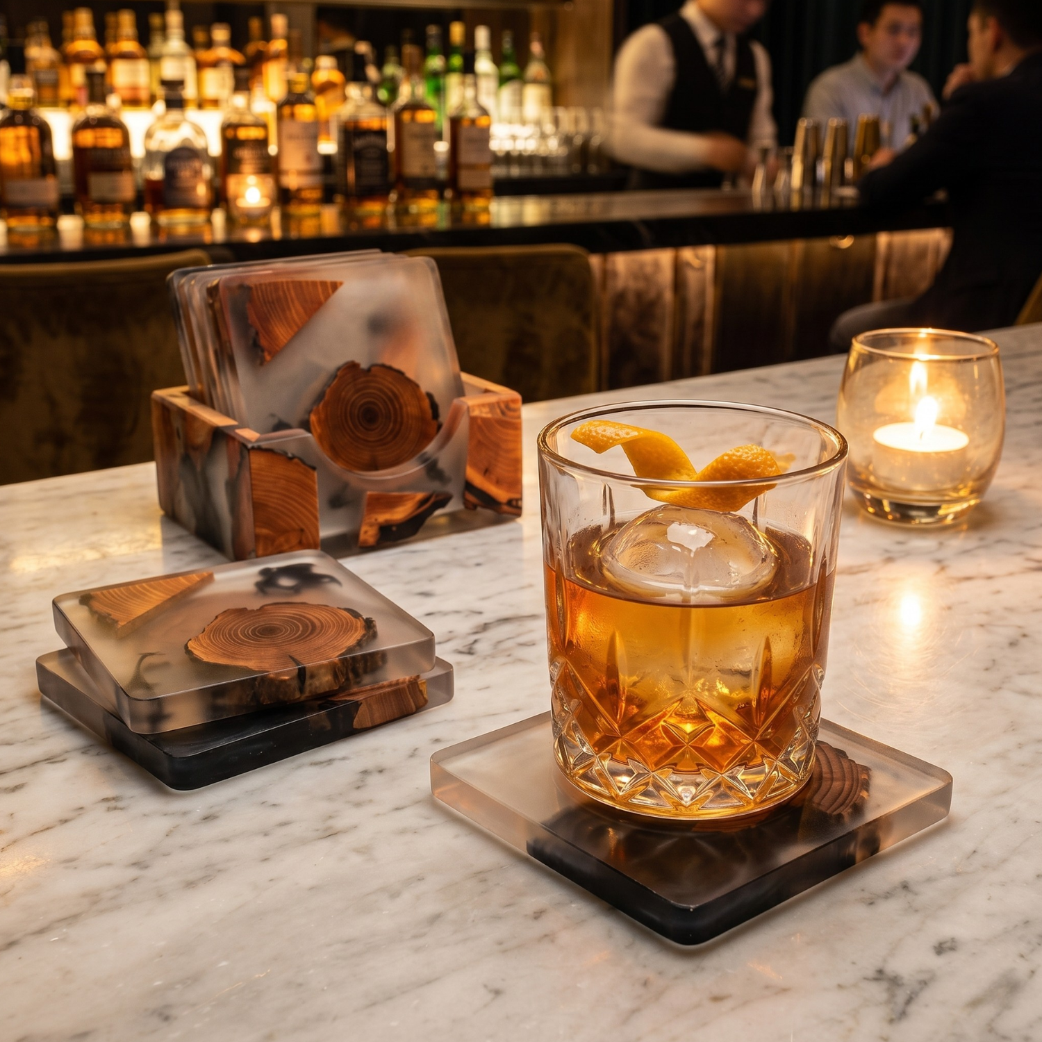 Square resin and pine wood coasters—orange wood pieces in clear epoxy, 2-piece view