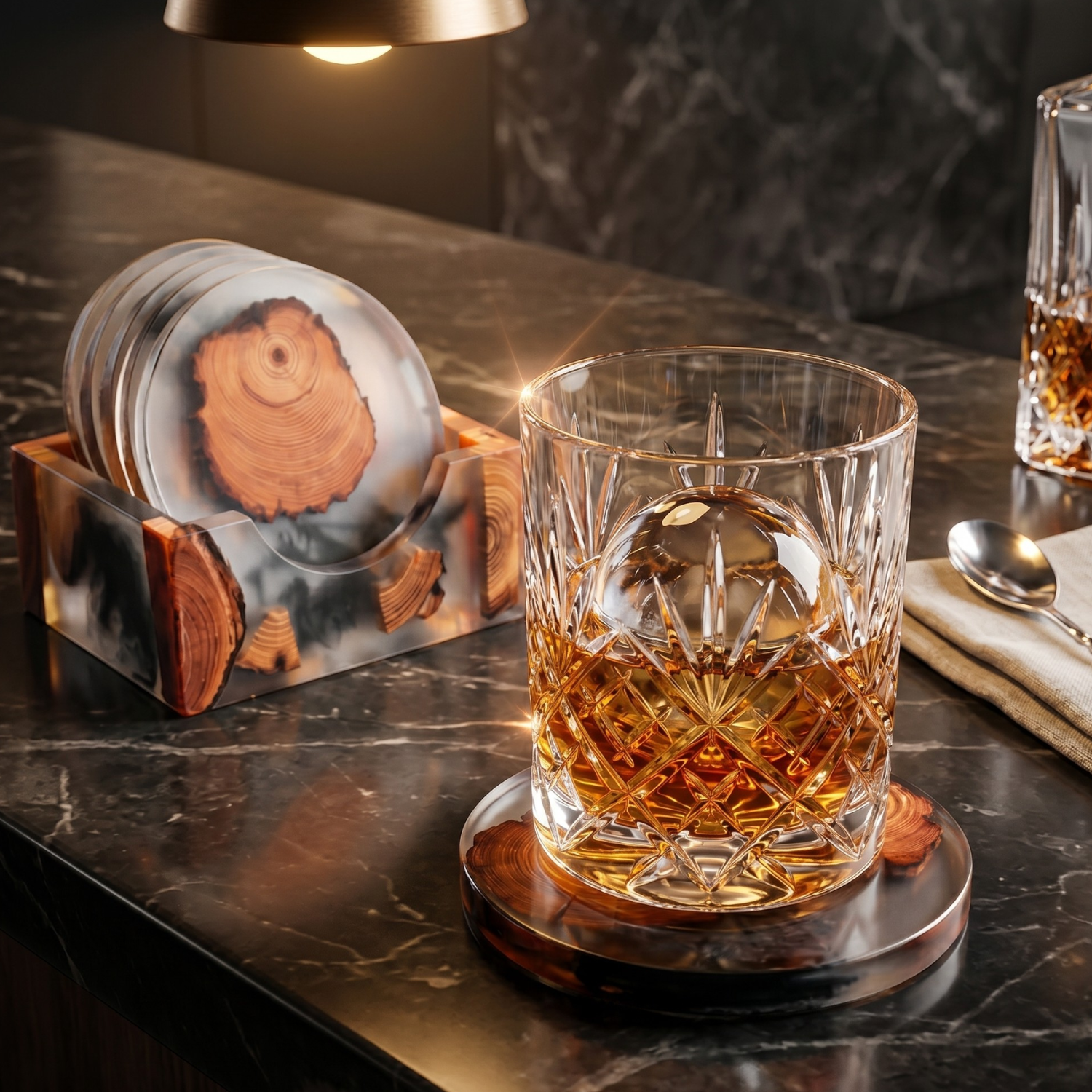 Resin & pine wood coaster, round—clear epoxy with orange wood slice and dark veins
