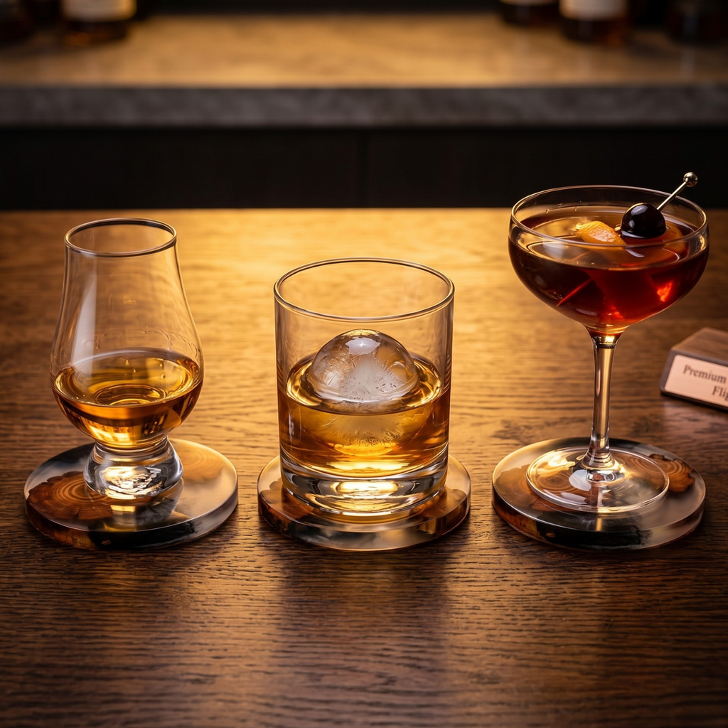 Resin & pine wood coasters, round—three clear epoxy circles with orange wood ring patterns