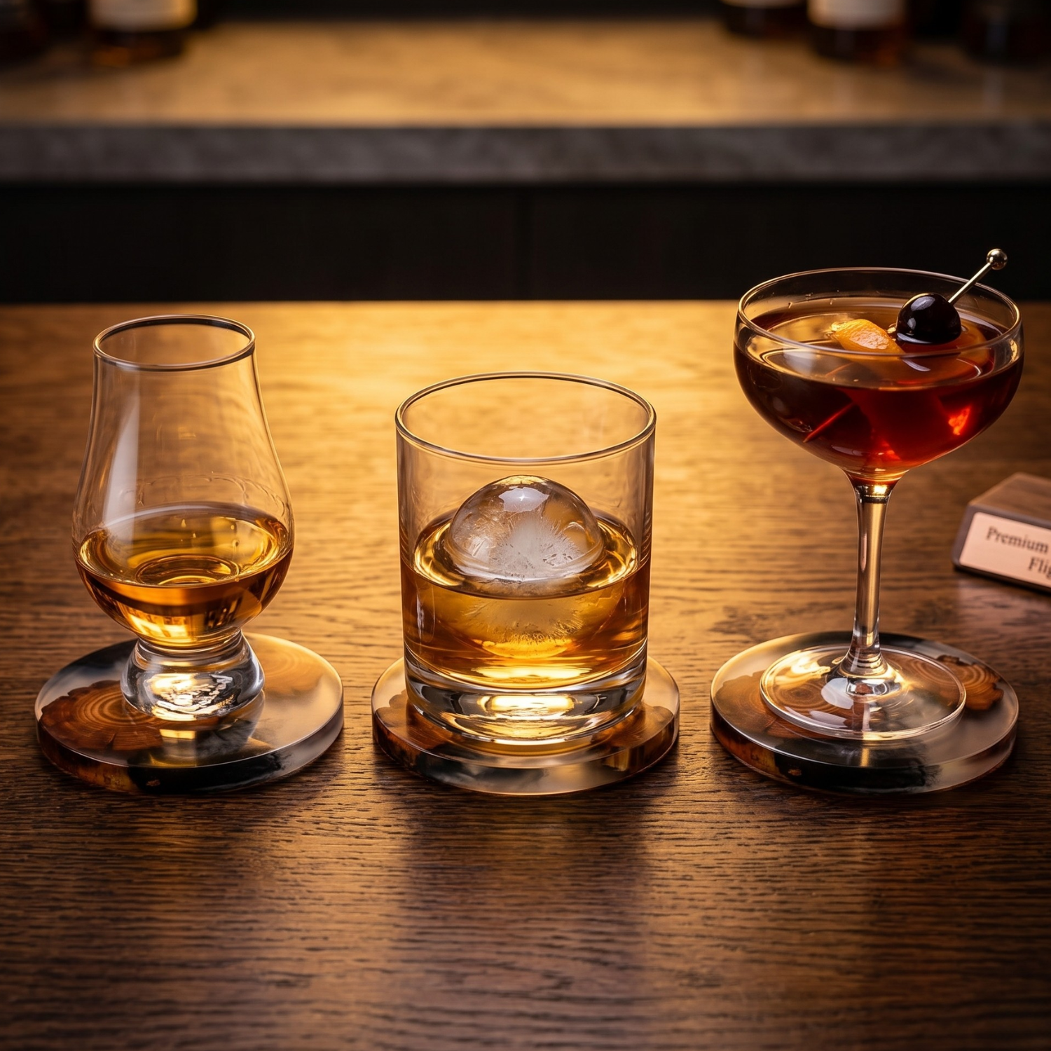 Resin & pine wood coasters, round—three clear epoxy circles with orange wood ring patterns