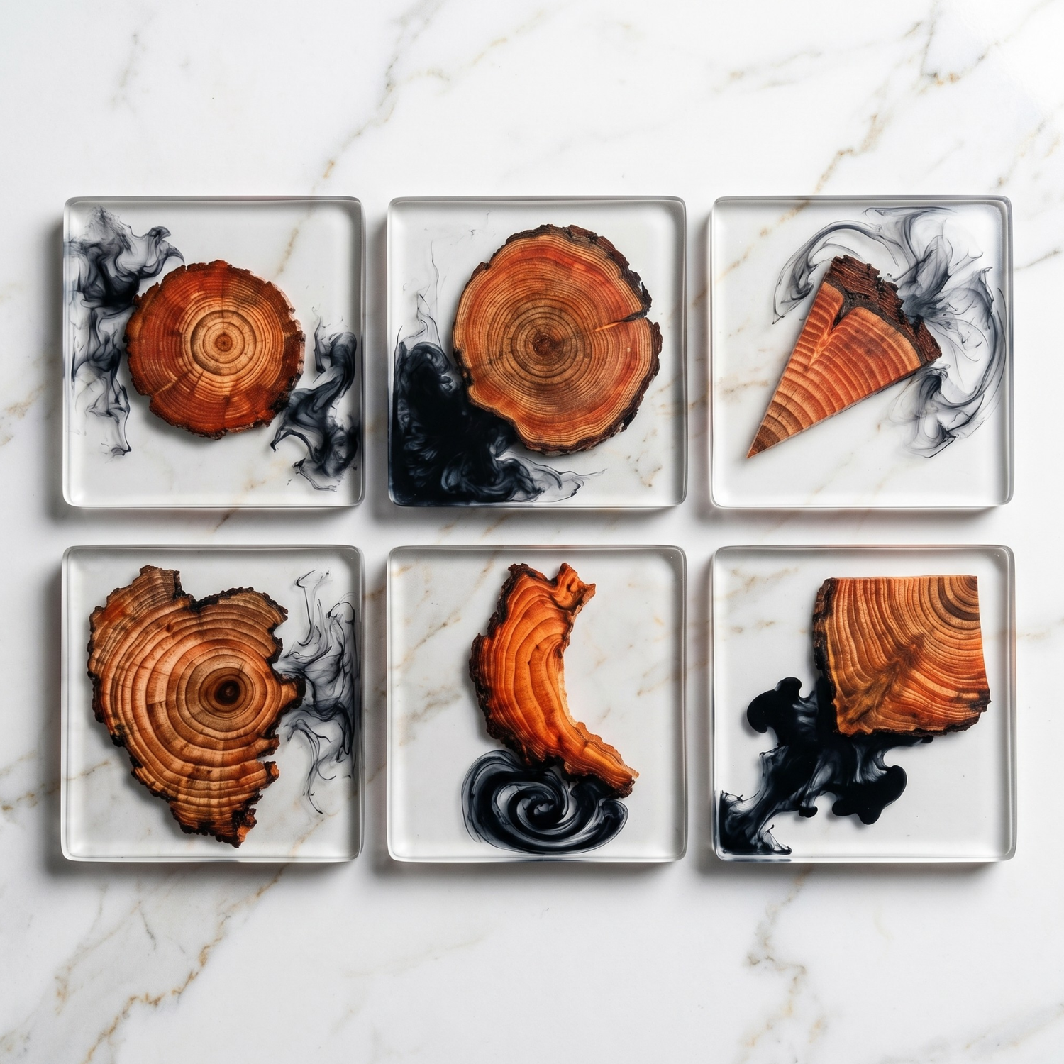 Resin & pine wood coaster set, square—orange slices with black resin swirls on square trays