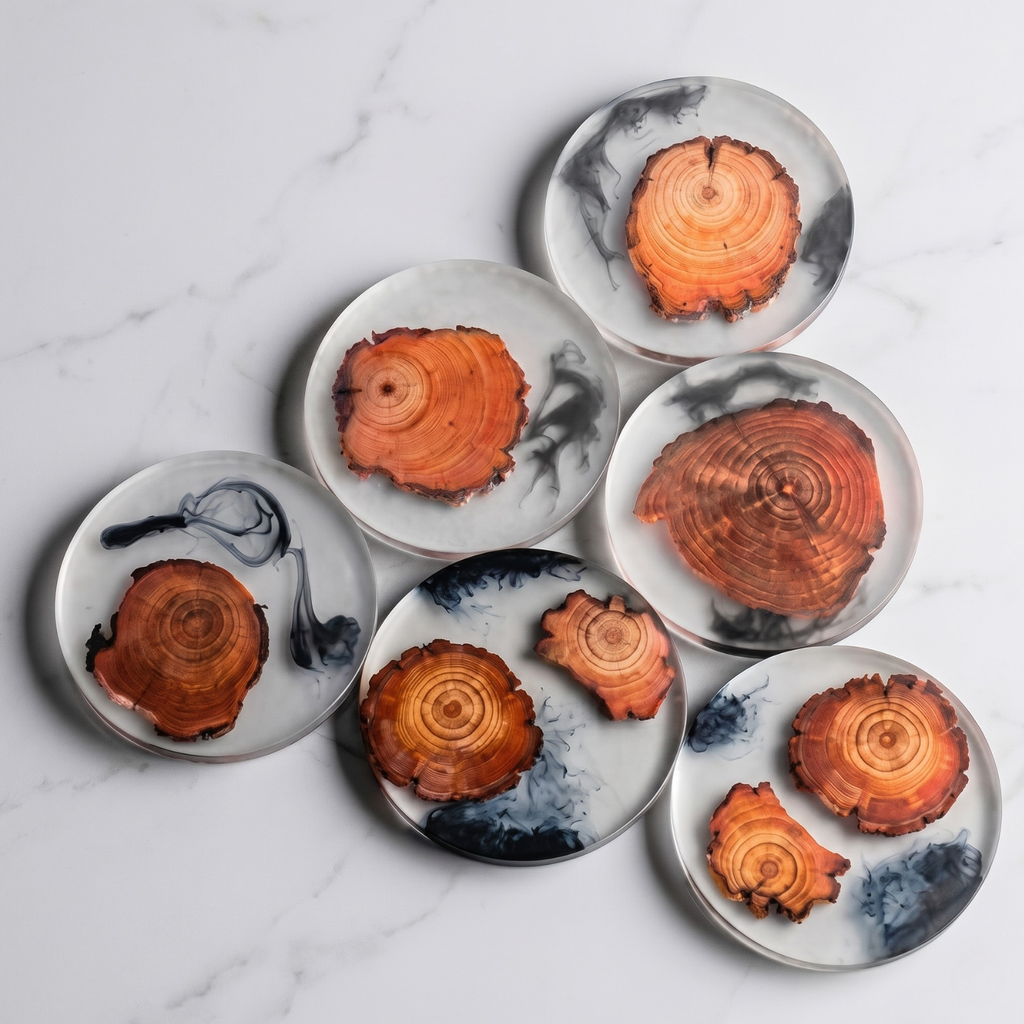 Resin & pine wood coasters, round set—orange wood slices with black smoky epoxy