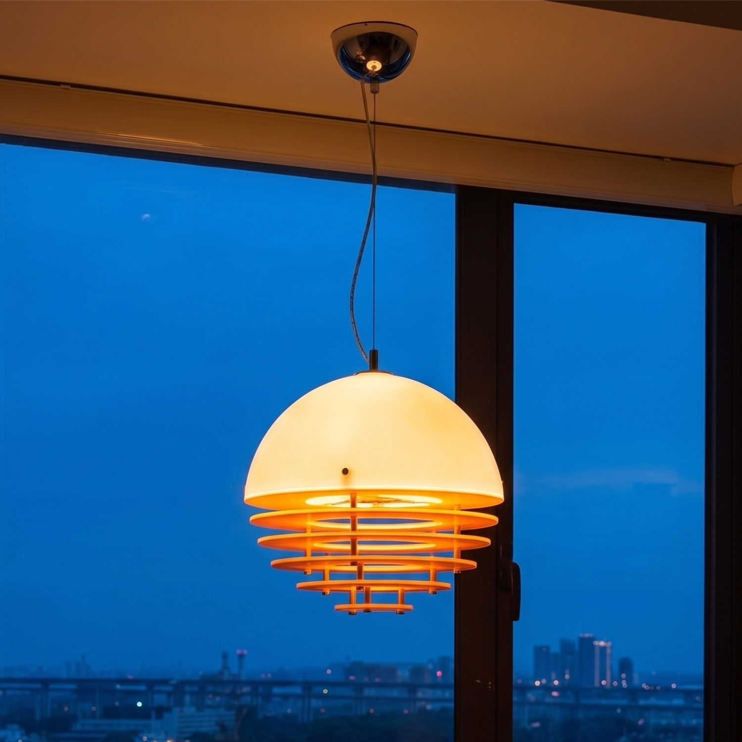 Modern pendant light with a cityscape view at night