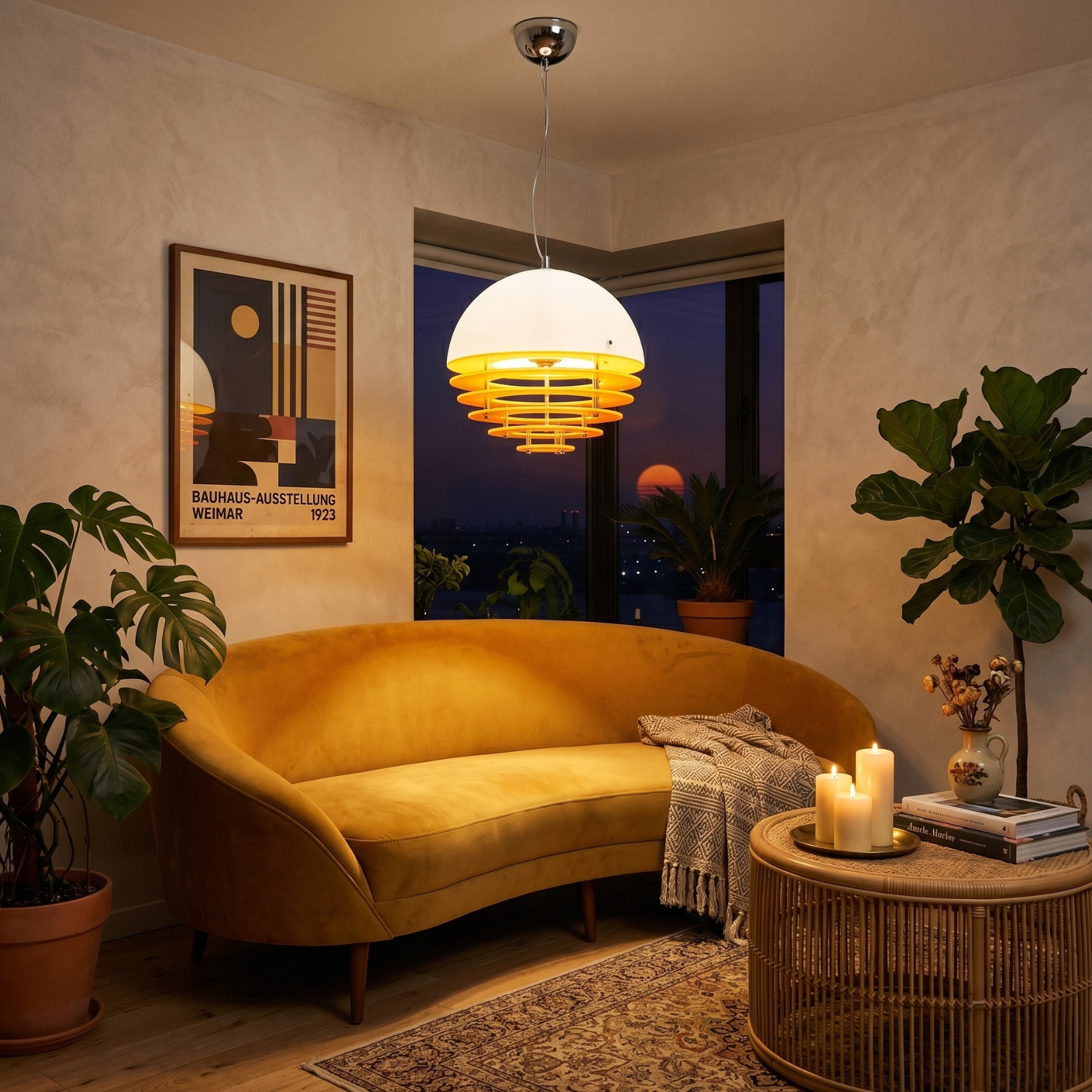 Retro Bauhaus Sunset Pendant Light | Orange Globe Chandelier | Mid Century Modern Ceiling Light | Dining Room Bedroom Statement Lamp