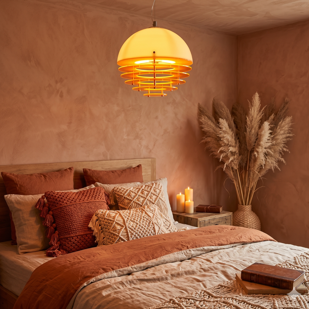 Cozy bedroom with warm lighting, pillows, and decorative elements.