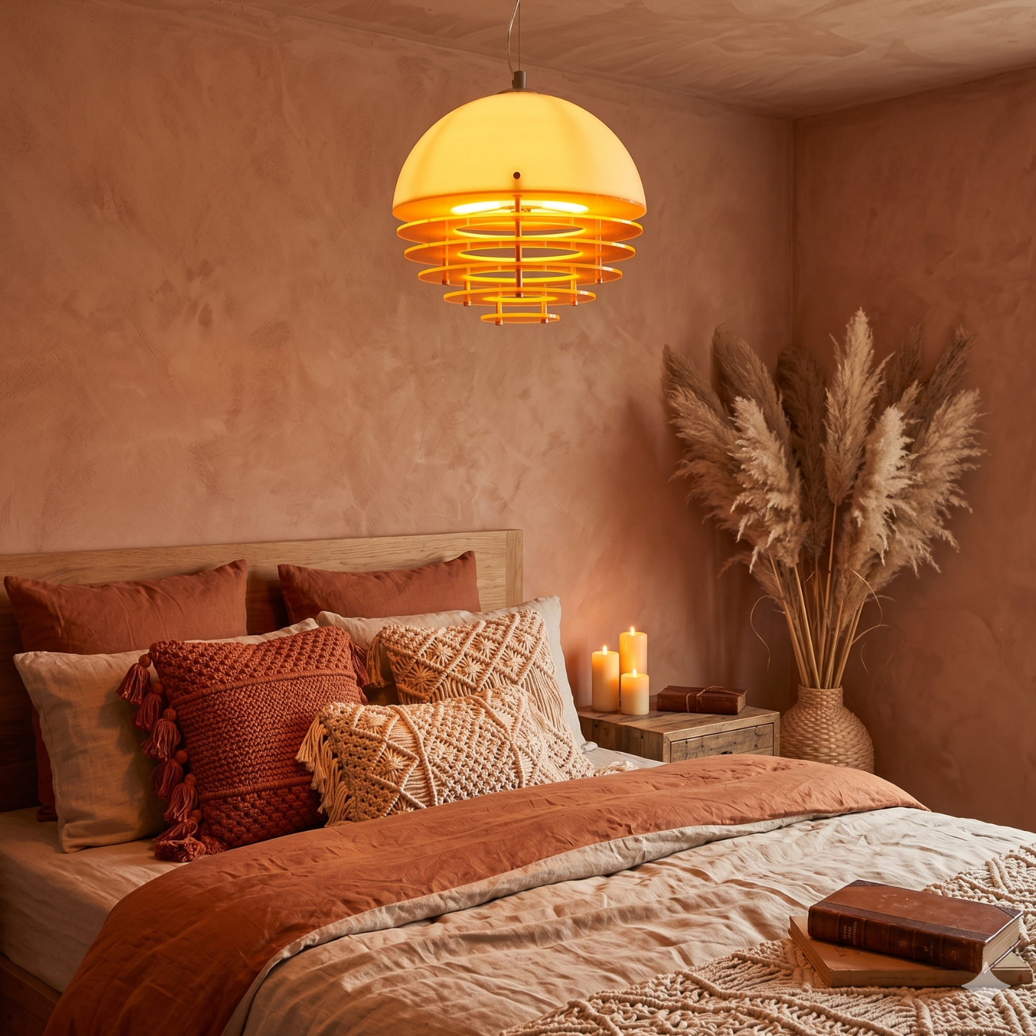 Cozy bedroom with warm lighting, pillows, and decorative elements.