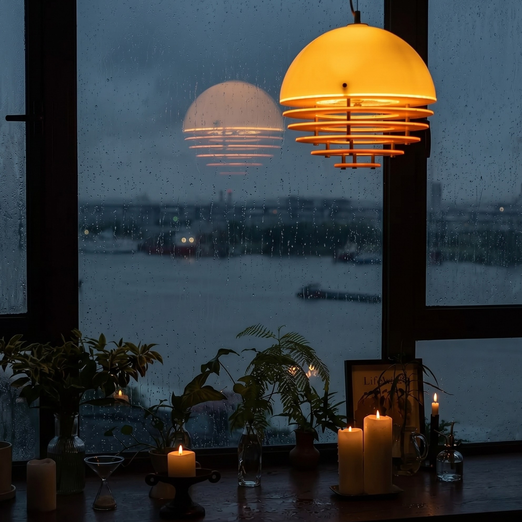 Candlelit room with raindrops on a window, featuring a large yellow lamp and cityscape view.