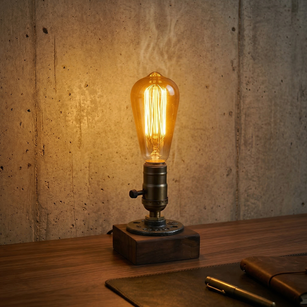 Vintage-style light bulb on a wooden surface with a textured wall background