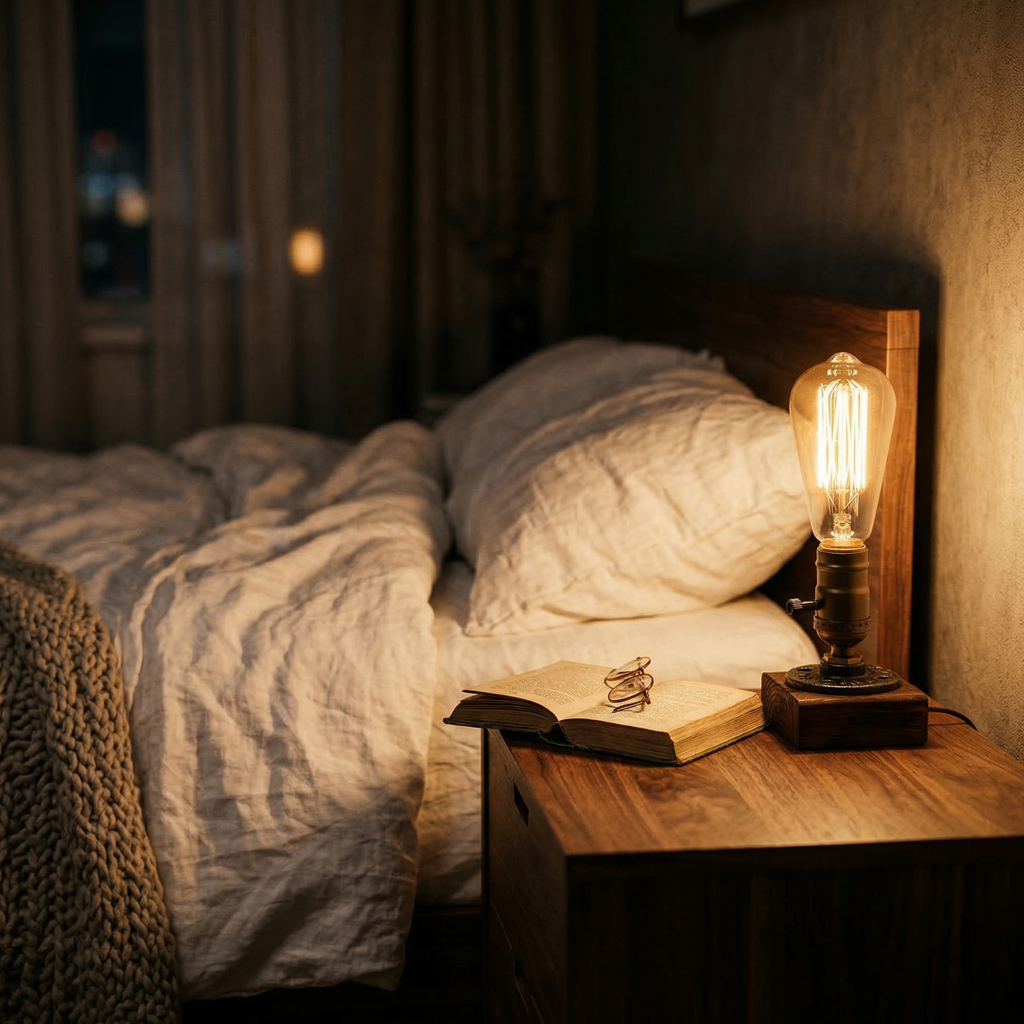 Bedroom scene with a lit lamp on a nightstand next to a bed.