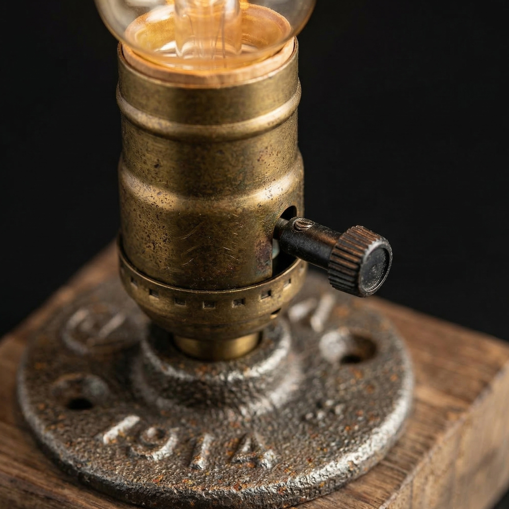 Vintage-style lamp with a metallic base and glass shade on a dark background