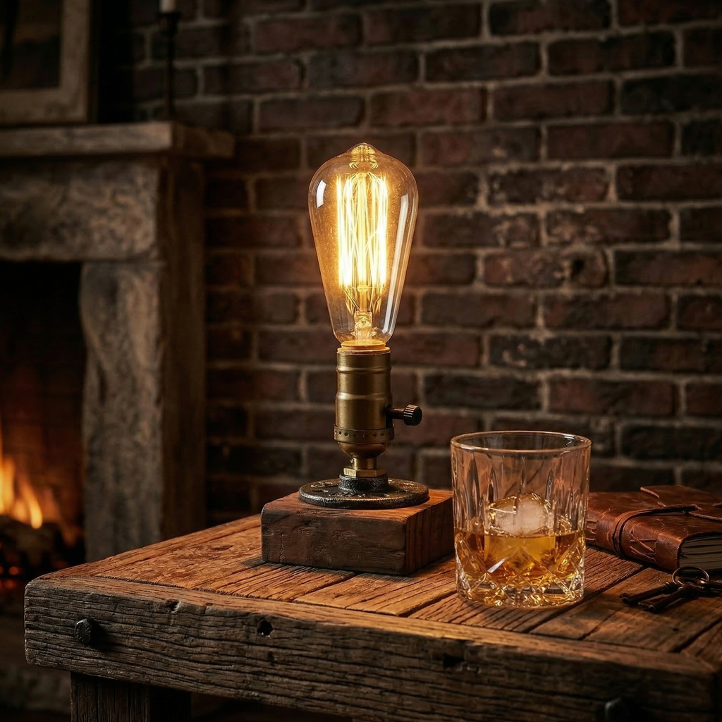 Vintage-style lamp with a lit bulb on a wooden table next to a glass of whiskey in front of a brick wall.