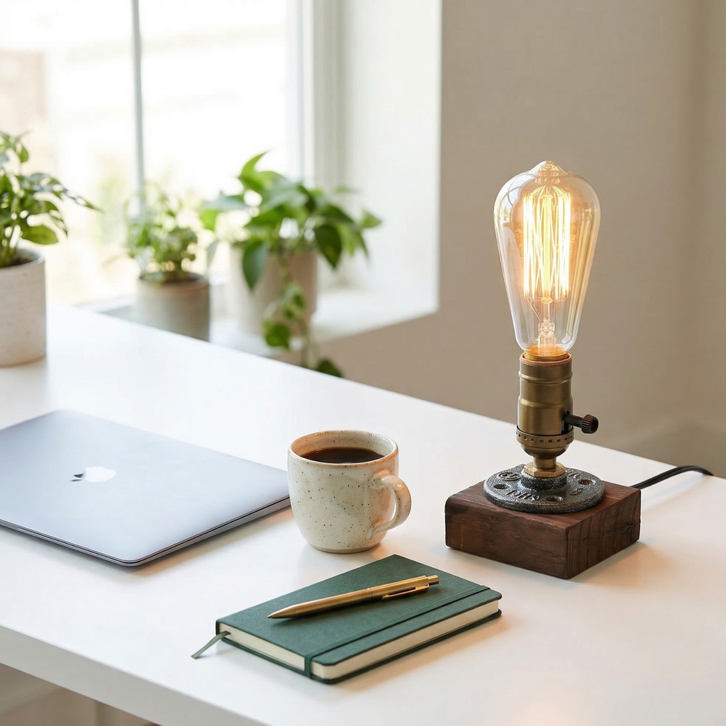 Desk setup with a lamp, notebook, pen, and coffee cup in a bright room.
