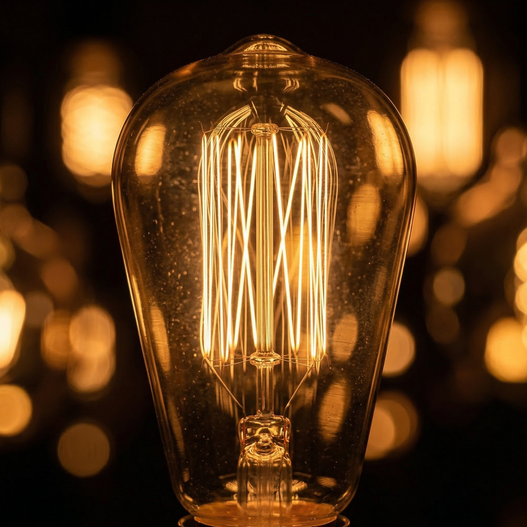 Vintage-style light bulb with blurred lights in the background