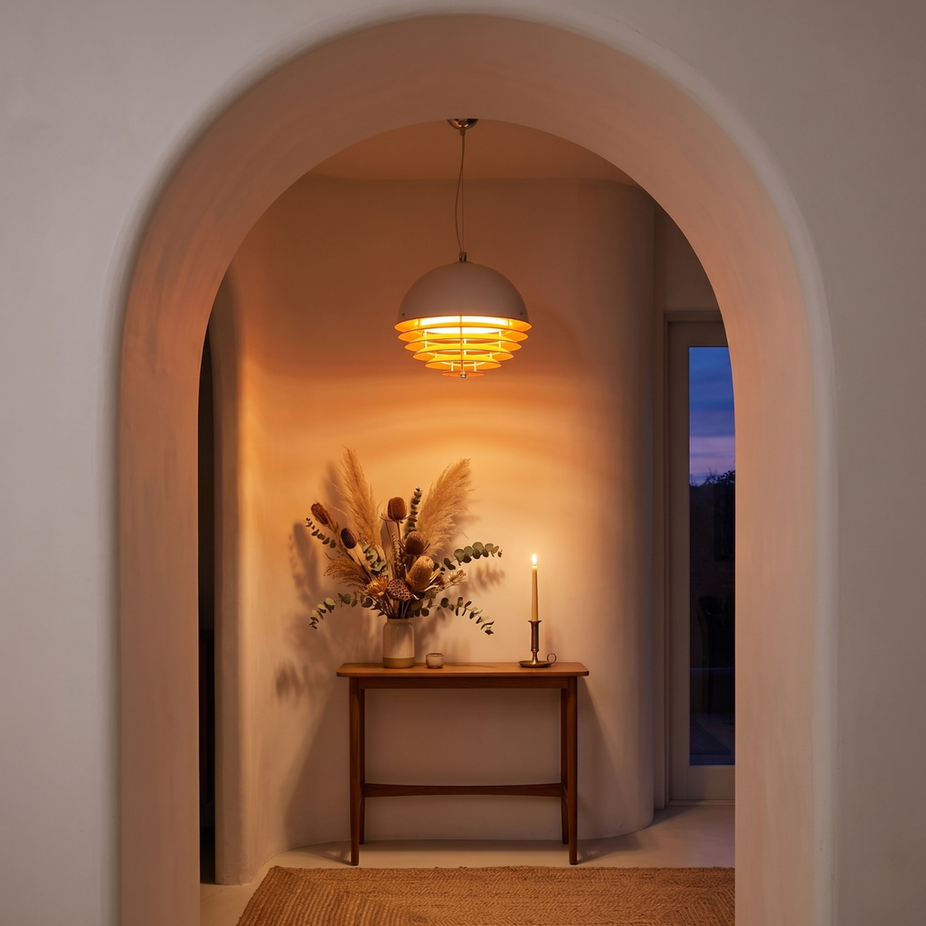 Archway leading to a room with a table, vase of flowers, and candle.