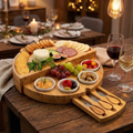 Rotating Bamboo Charcuterie Board Set Space Saving Semi-Circle Cheese Board with Knives & Serving Bowls