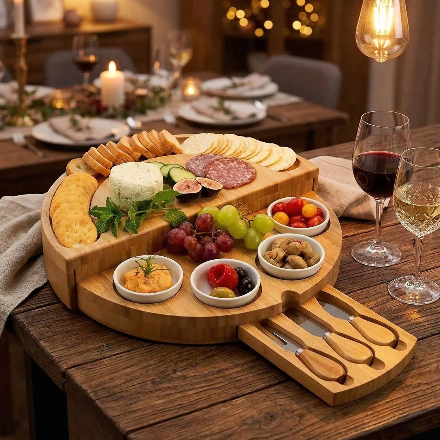 Rotating Bamboo Charcuterie Board Set Space Saving Semi-Circle Cheese Board with Knives & Serving Bowls