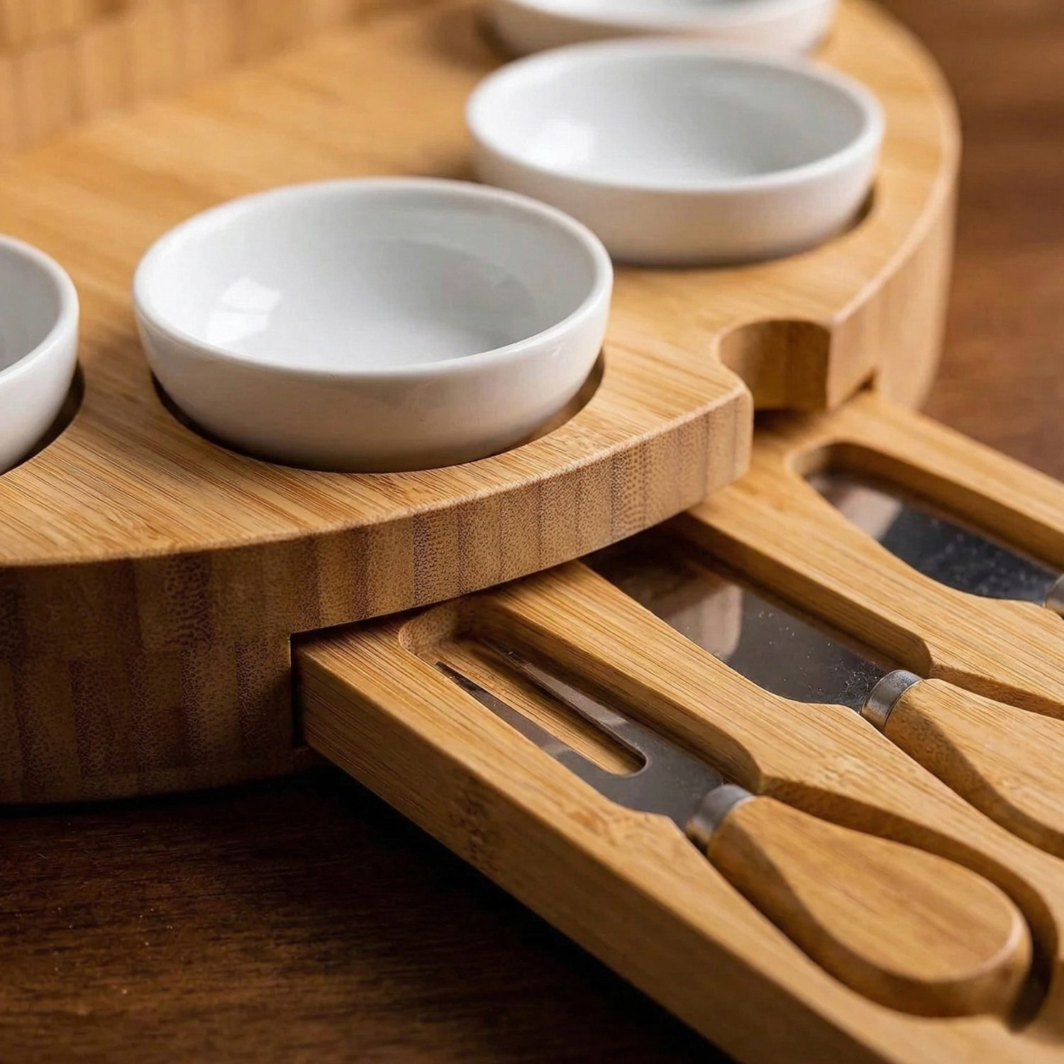 Rotating Bamboo Charcuterie Board Set Space Saving Semi-Circle Cheese Board with Knives & Serving Bowls