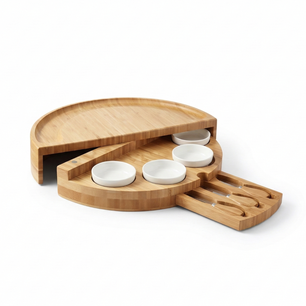 Rotating Bamboo Charcuterie Board Set Space Saving Semi-Circle Cheese Board with Knives & Serving Bowls